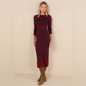 Effortlessly Ready Burgundy Striped Ribbed Midi Sweater Dress - M
